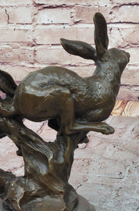 Pair of Running Rabbits Hares Bunnies Bronze Sculpture Signed Art
