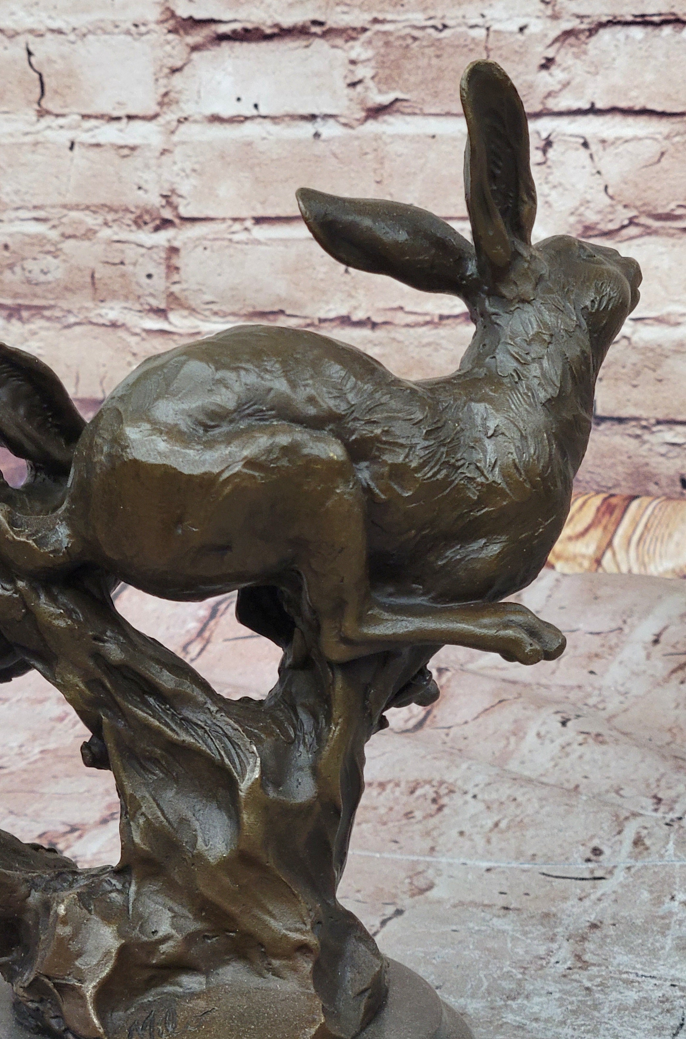 Pair of Running Rabbits Hares Bunnies Bronze Sculpture Signed Art
