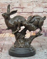 Pair of Running Rabbits Hares Bunnies Bronze Sculpture Signed Art