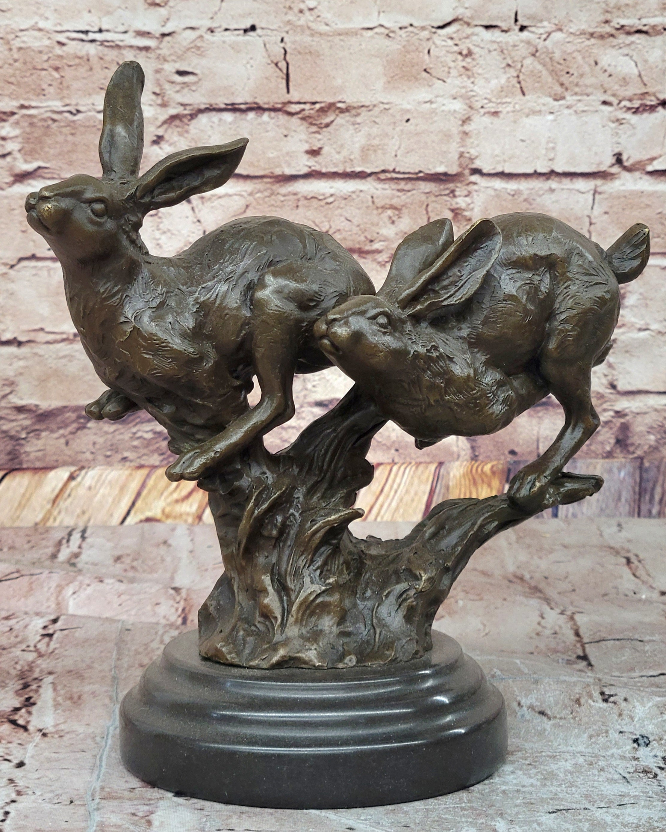 Pair of Running Rabbits Hares Bunnies Bronze Sculpture Signed Art