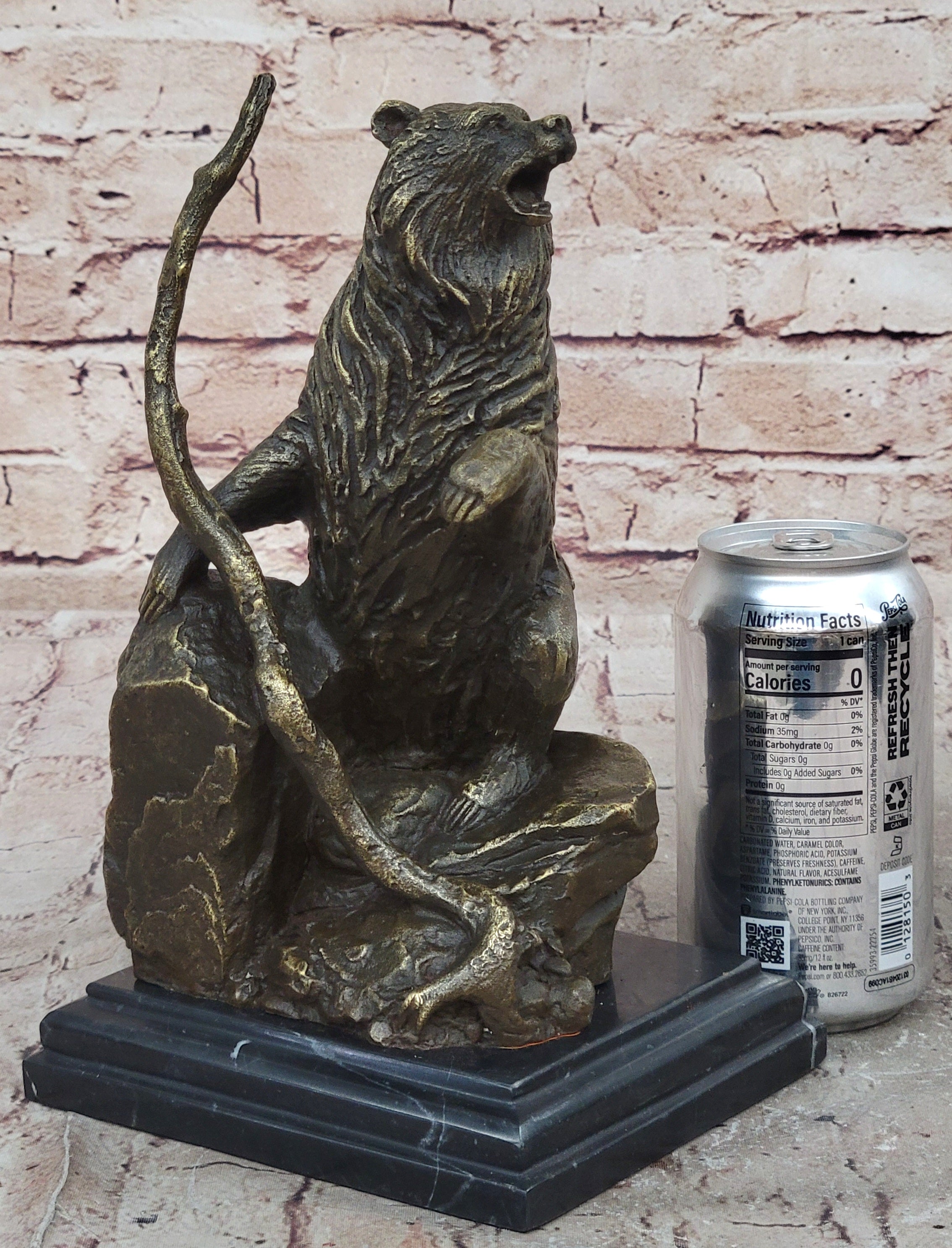 Bear on Boulder Bronze Sculpture on Marble Base