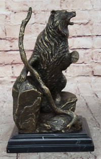 Bear on Boulder Bronze Sculpture on Marble Base