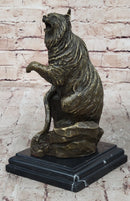 Bear on Boulder Bronze Sculpture on Marble Base