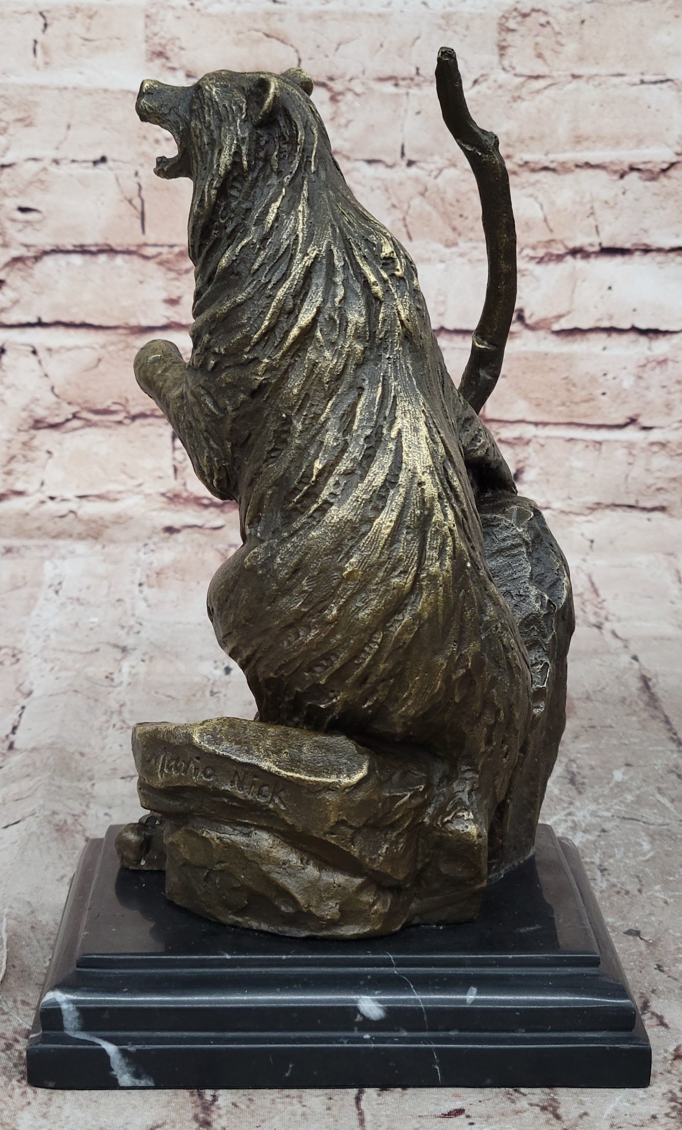 Bear on Boulder Bronze Sculpture on Marble Base