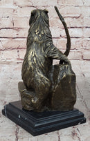 Bear on Boulder Bronze Sculpture on Marble Base