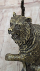 Bear on Boulder Bronze Sculpture on Marble Base