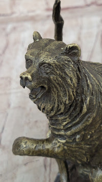 Bear on Boulder Bronze Sculpture on Marble Base