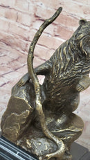 Bear on Boulder Bronze Sculpture on Marble Base