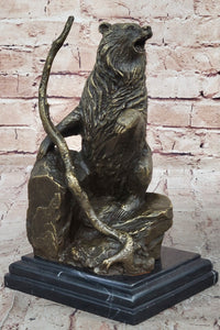 Bear on Boulder Bronze Sculpture on Marble Base