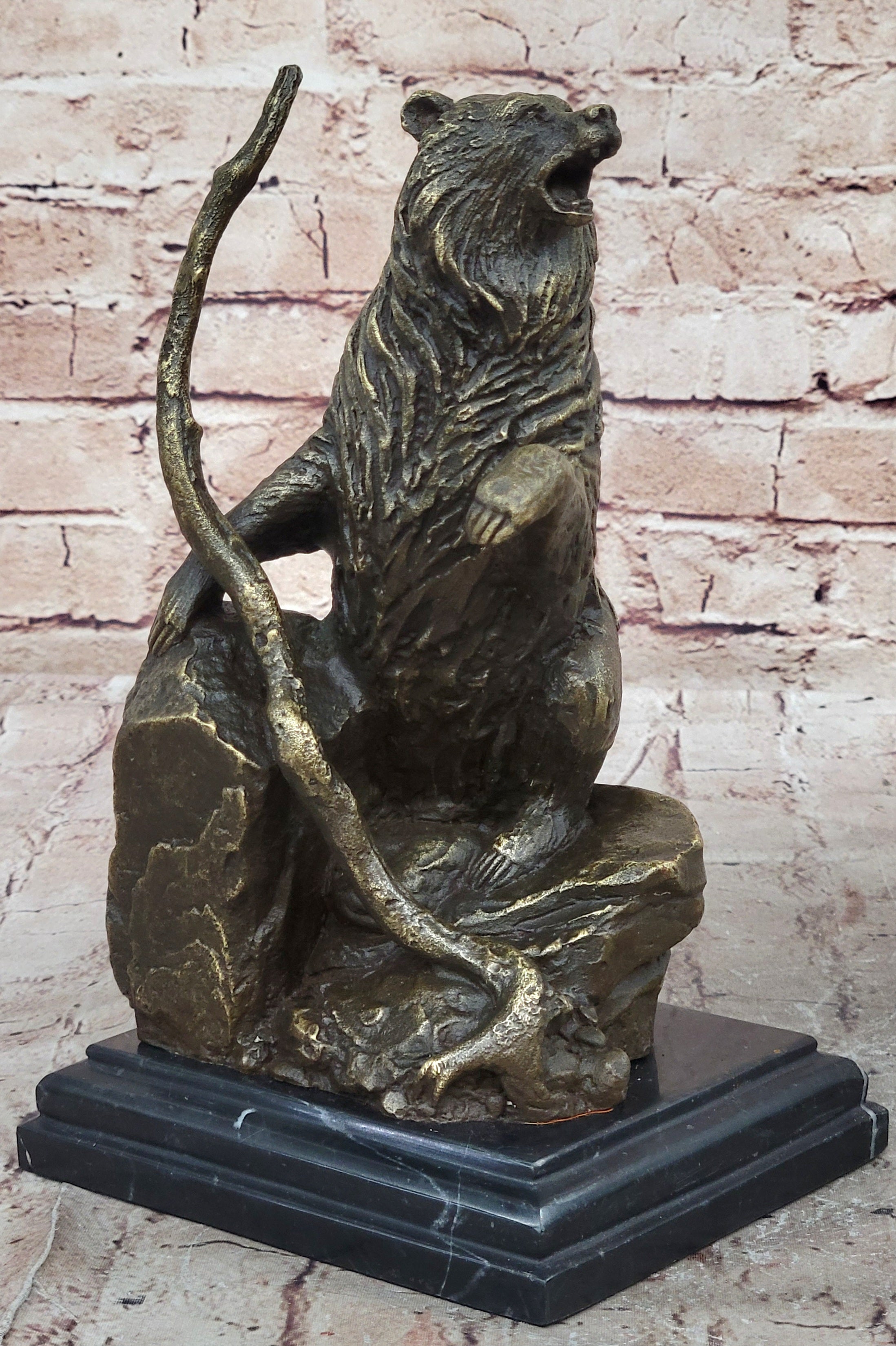 Bear on Boulder Bronze Sculpture on Marble Base
