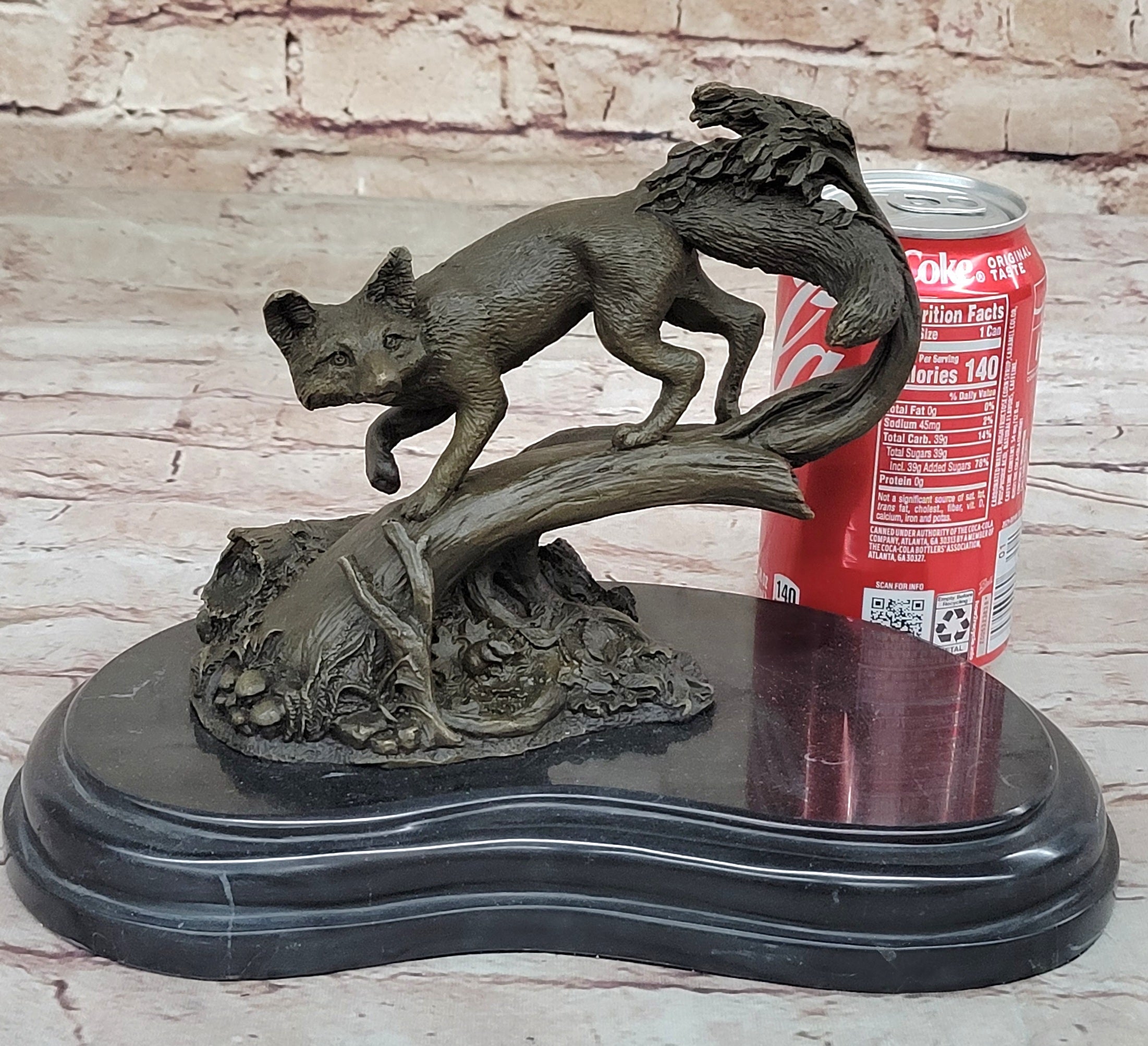 Hot Cast Bronze Fox on Tree Branch Sculpture Signed Art