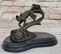 Hot Cast Bronze Fox on Tree Branch Sculpture Signed Art