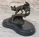 Hot Cast Bronze Fox on Tree Branch Sculpture Signed Art