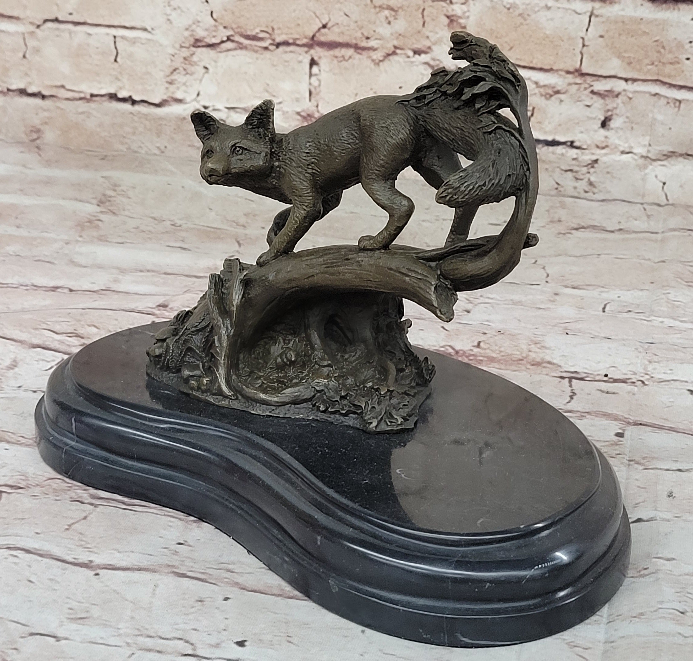 Hot Cast Bronze Fox on Tree Branch Sculpture Signed Art