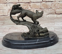 Hot Cast Bronze Fox on Tree Branch Sculpture Signed Art