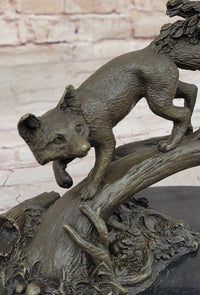 Hot Cast Bronze Fox on Tree Branch Sculpture Signed Art