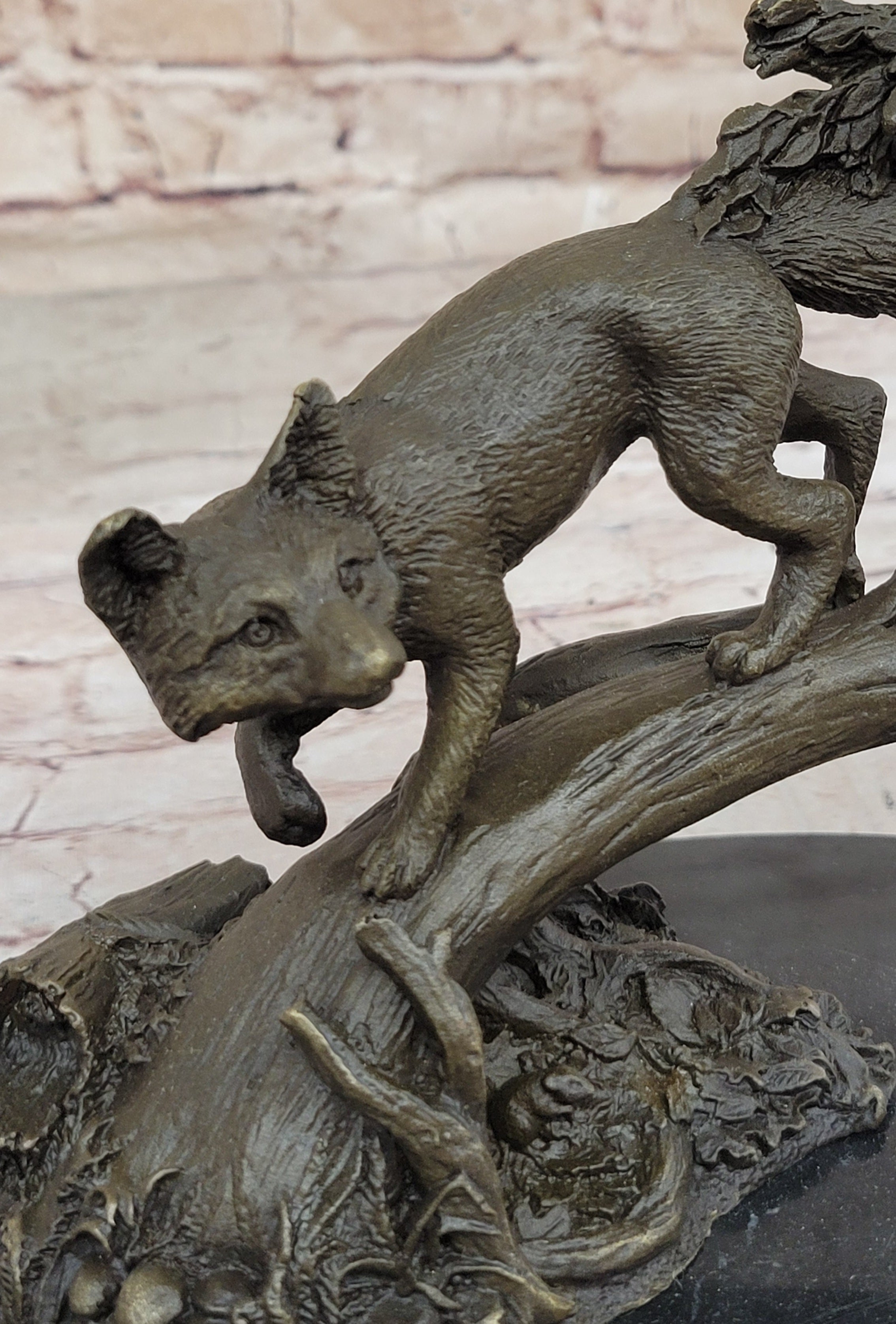 Hot Cast Bronze Fox on Tree Branch Sculpture Signed Art
