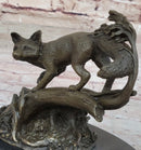 Hot Cast Bronze Fox on Tree Branch Sculpture Signed Art