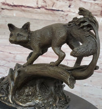 Hot Cast Bronze Fox on Tree Branch Sculpture Signed Art
