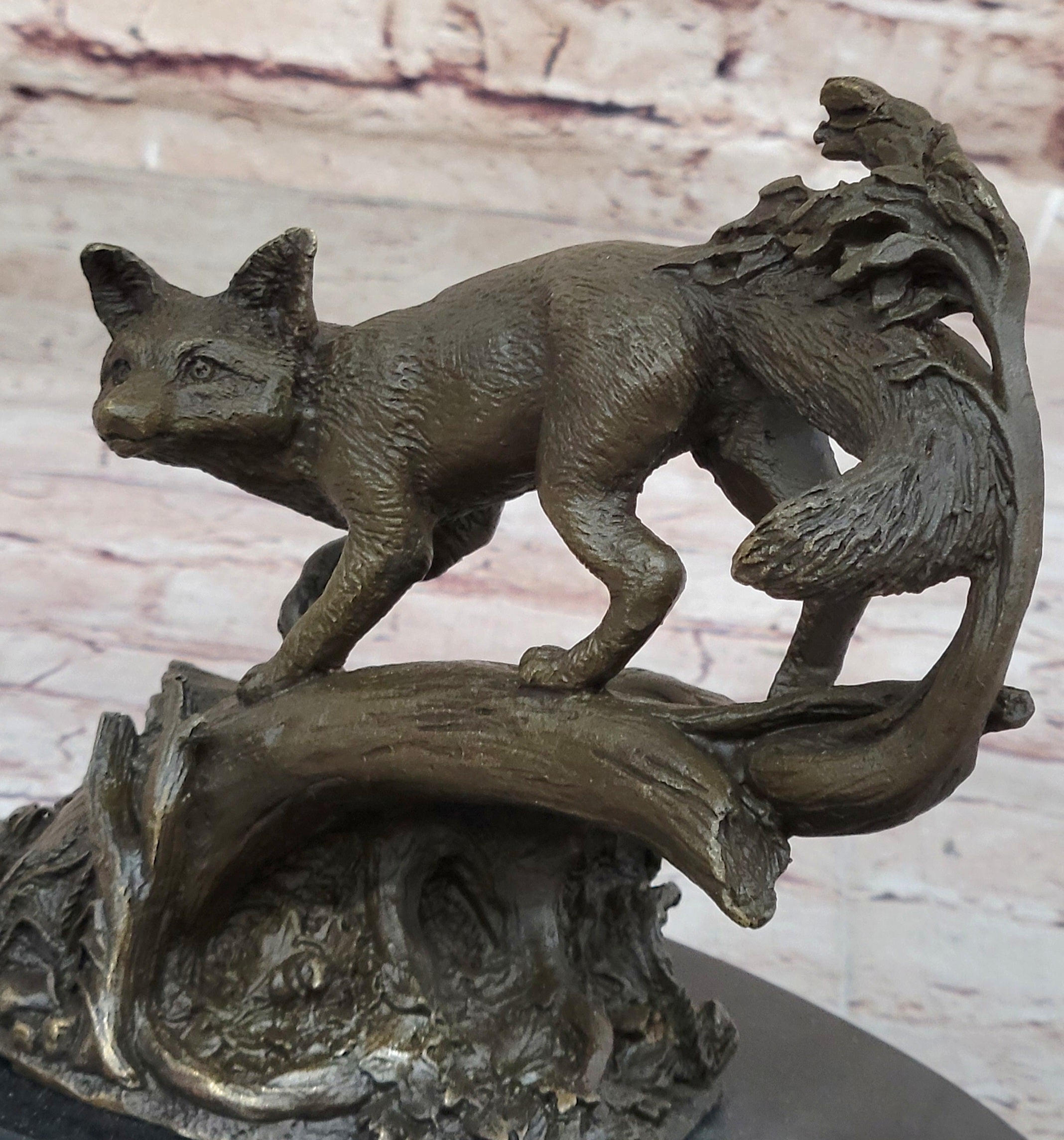 Hot Cast Bronze Fox on Tree Branch Sculpture Signed Art