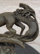 Hot Cast Bronze Fox on Tree Branch Sculpture Signed Art