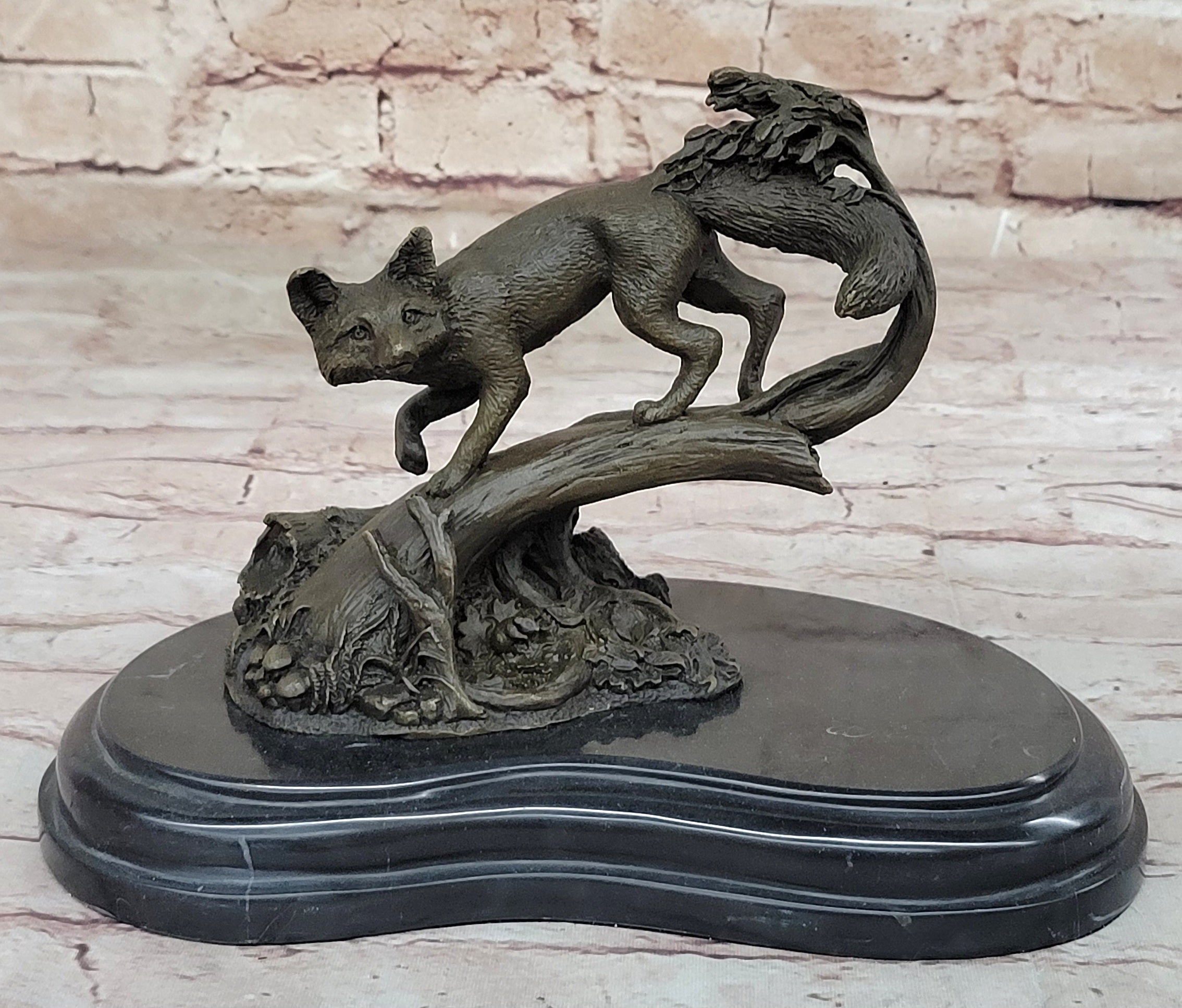 Hot Cast Bronze Fox on Tree Branch Sculpture Signed Art