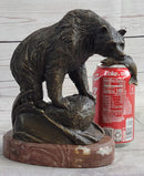Bear with Fish in Mouth Bronze Sculpture Marble Base