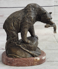 Bear with Fish in Mouth Bronze Sculpture Marble Base