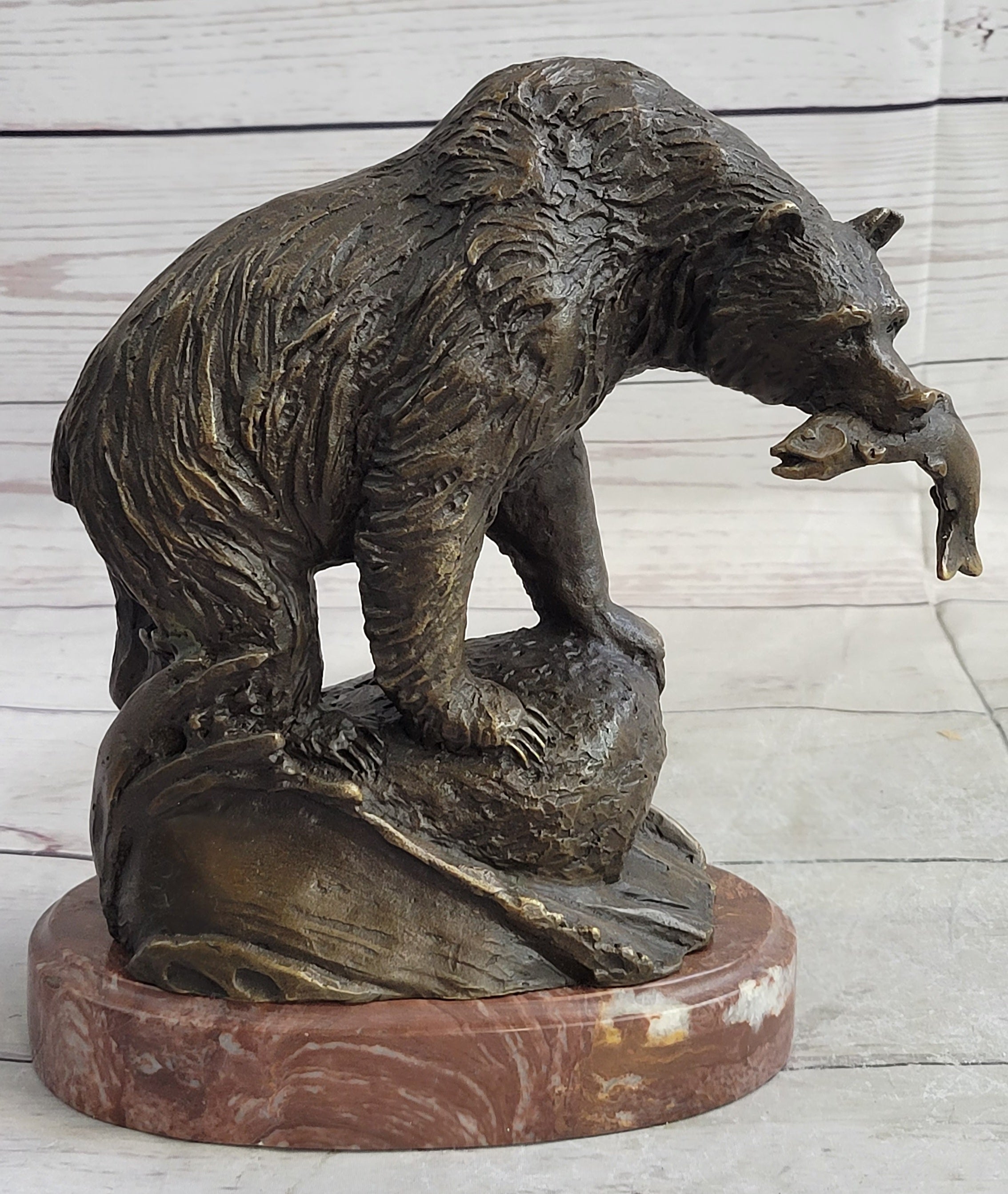 Bear with Fish in Mouth Bronze Sculpture Marble Base
