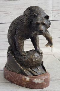 Bear with Fish in Mouth Bronze Sculpture Marble Base