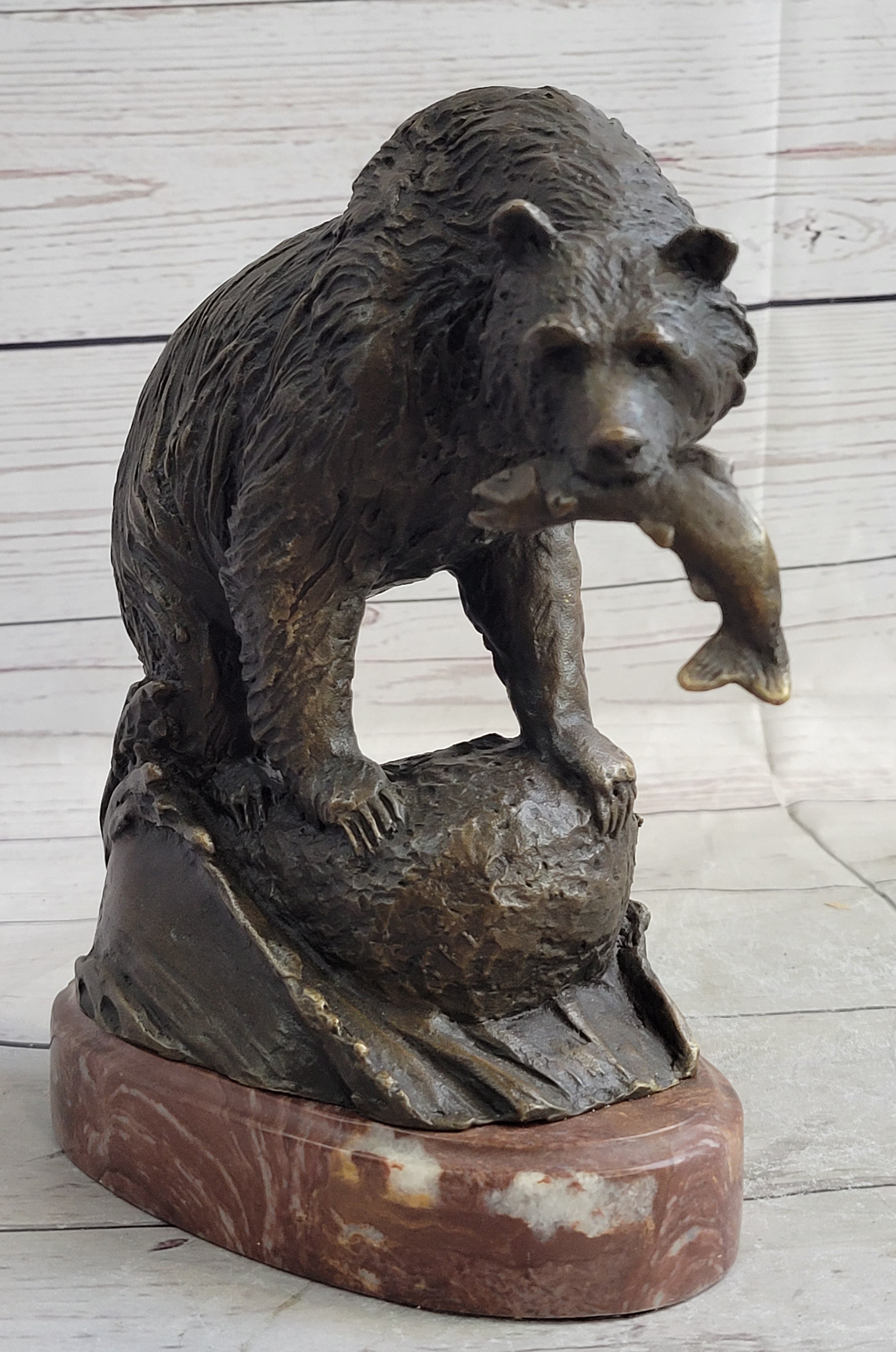 Bear with Fish in Mouth Bronze Sculpture Marble Base