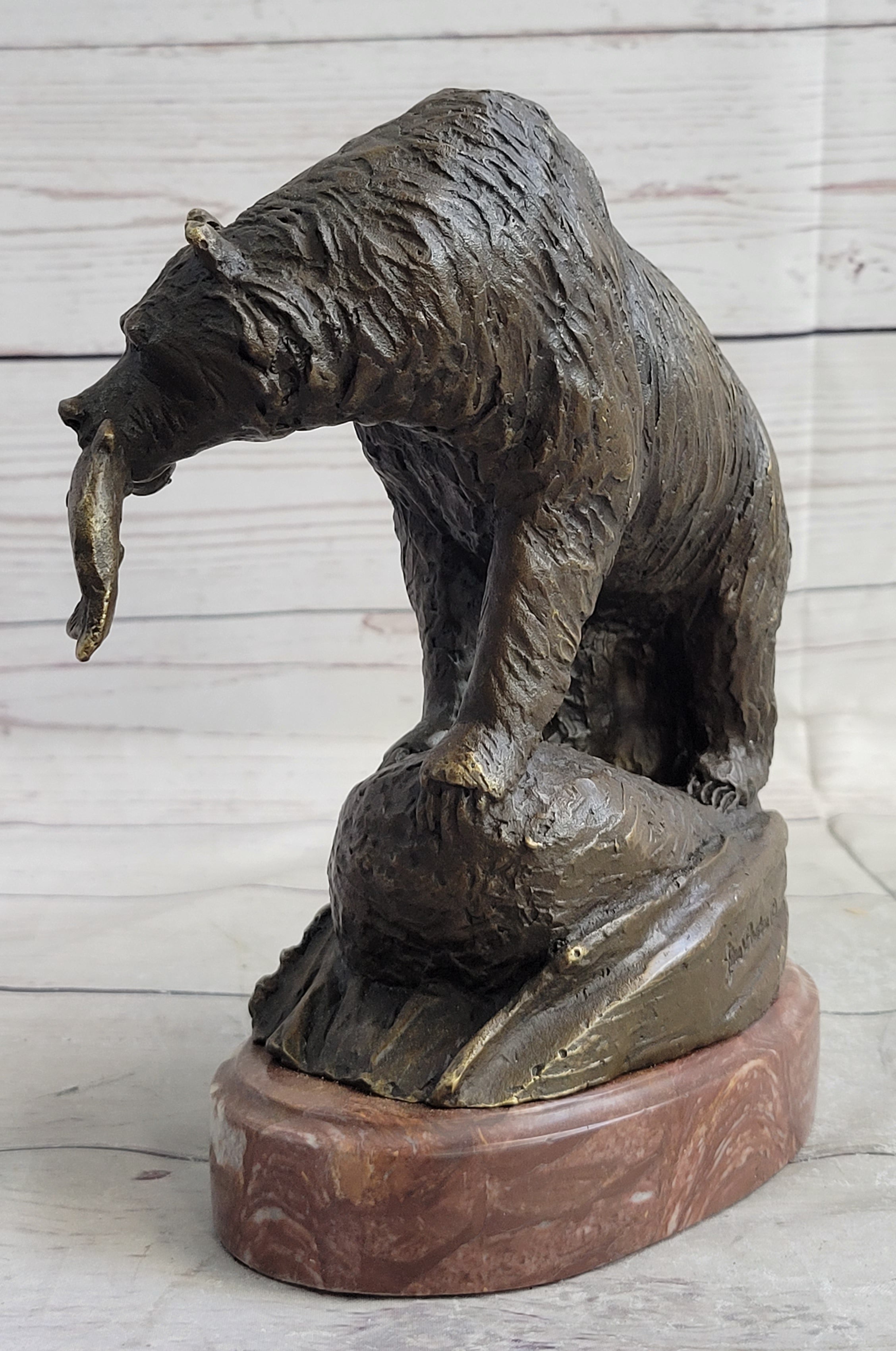 Bear with Fish in Mouth Bronze Sculpture Marble Base