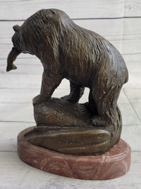 Bear with Fish in Mouth Bronze Sculpture Marble Base
