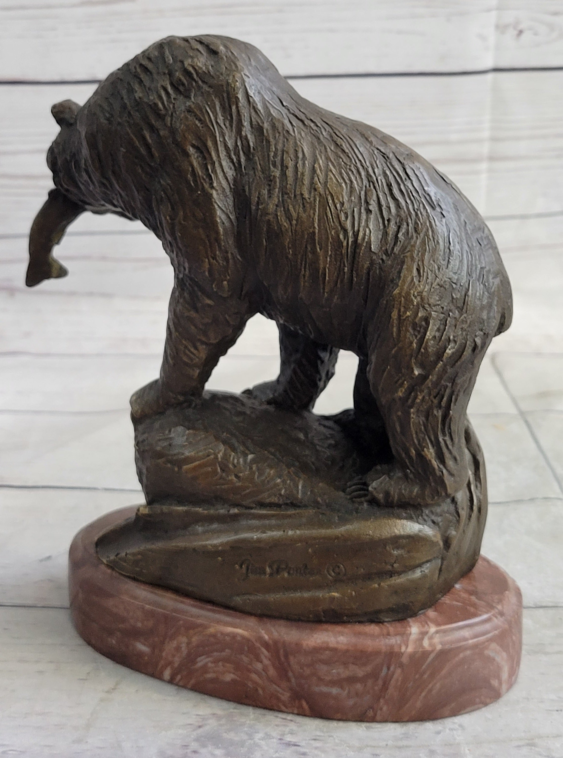 Bear with Fish in Mouth Bronze Sculpture Marble Base