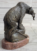 Bear with Fish in Mouth Bronze Sculpture Marble Base