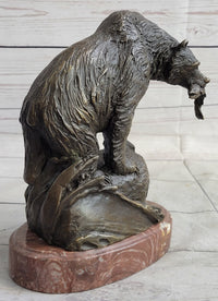 Bear with Fish in Mouth Bronze Sculpture Marble Base