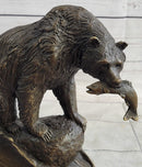 Bear with Fish in Mouth Bronze Sculpture Marble Base