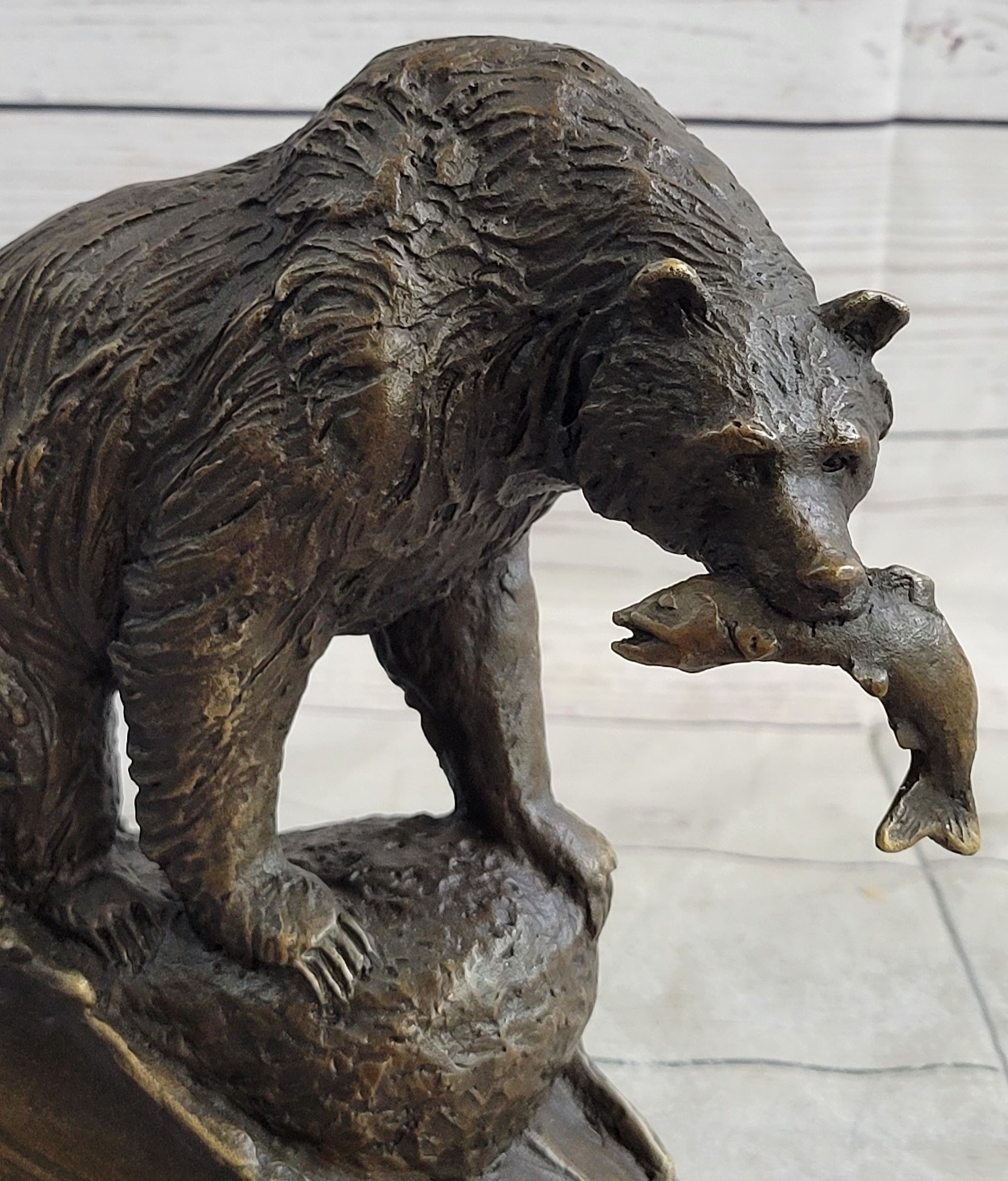 Bear with Fish in Mouth Bronze Sculpture Marble Base