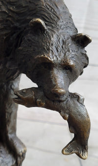 Bear with Fish in Mouth Bronze Sculpture Marble Base