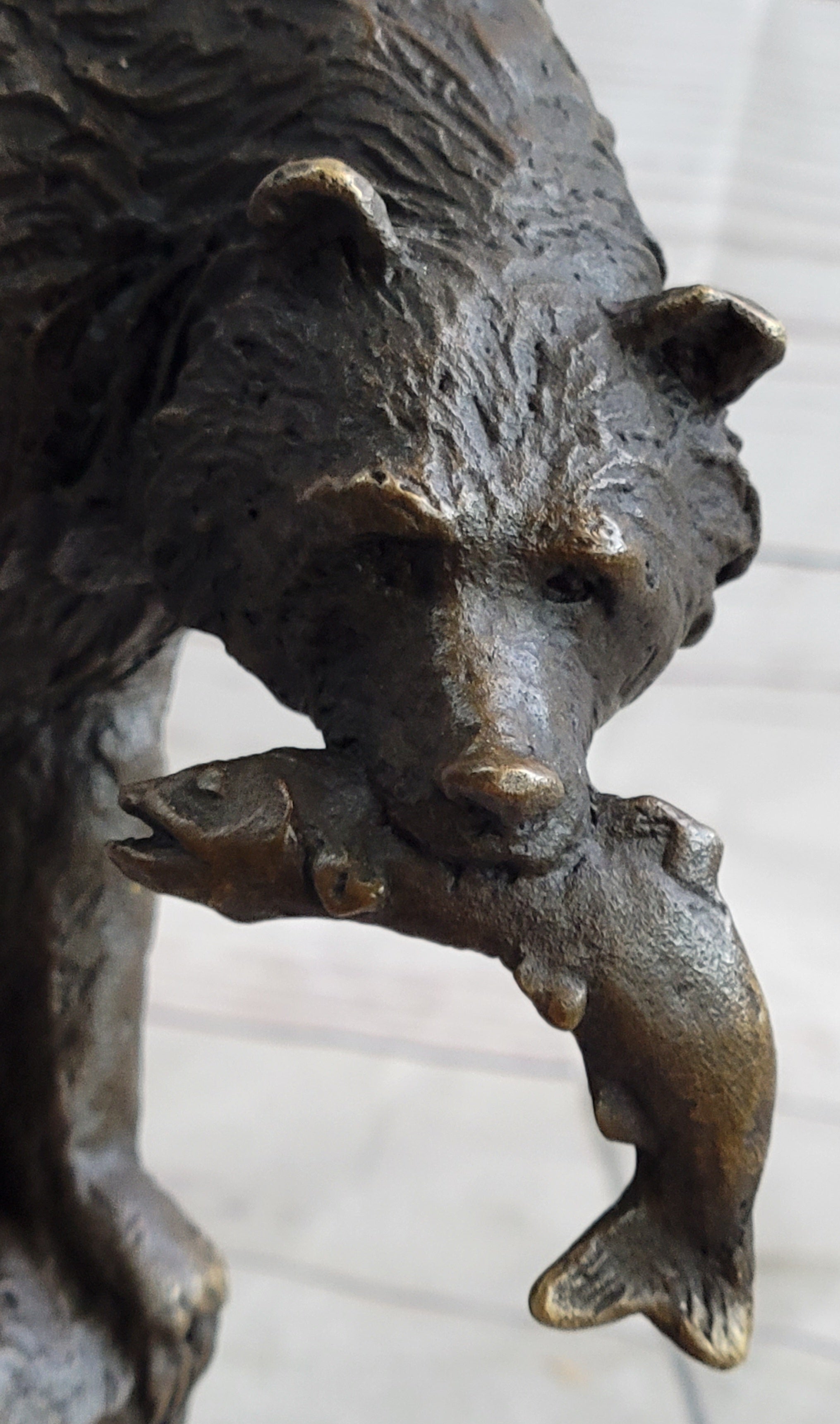 Bear with Fish in Mouth Bronze Sculpture Marble Base