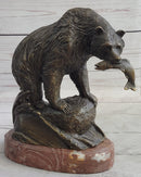 Bear with Fish in Mouth Bronze Sculpture Marble Base
