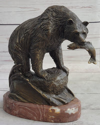 Bear with Fish in Mouth Bronze Sculpture Marble Base