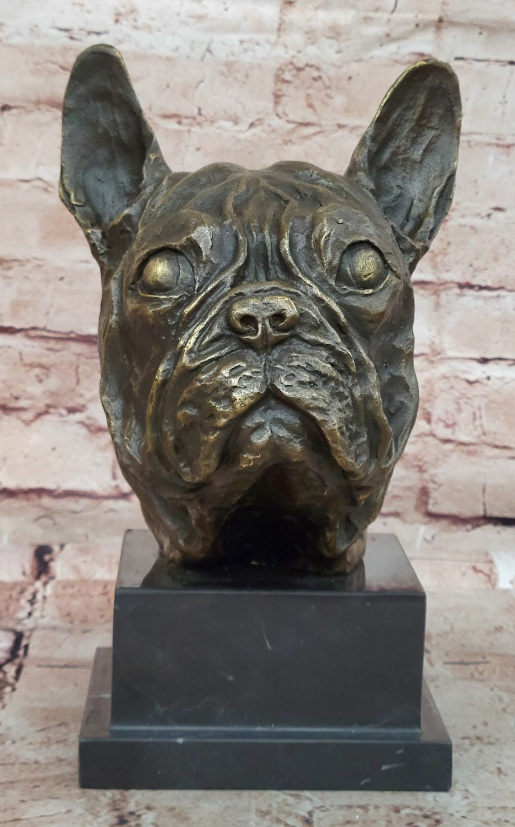 French Bulldog Puppy Bronze Bust on Marble Base