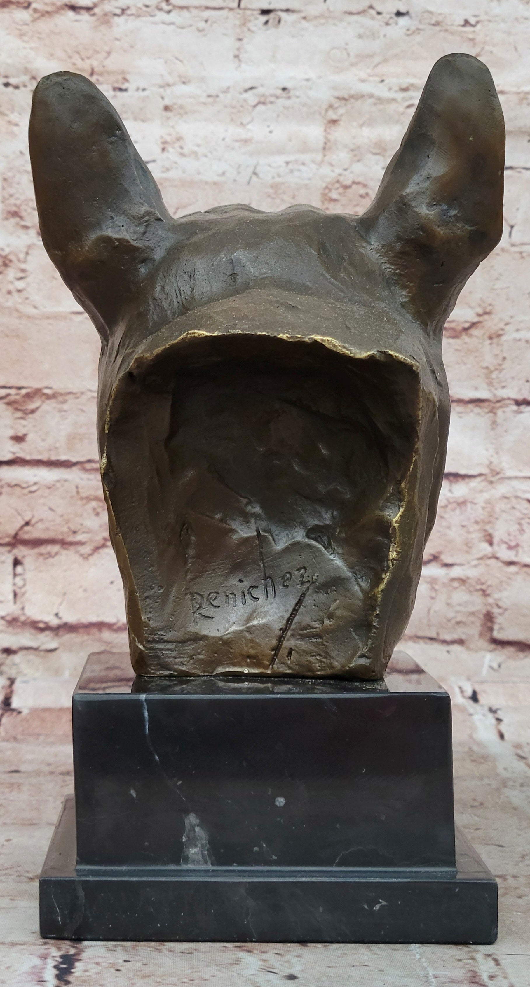 French Bulldog Puppy Bronze Bust on Marble Base