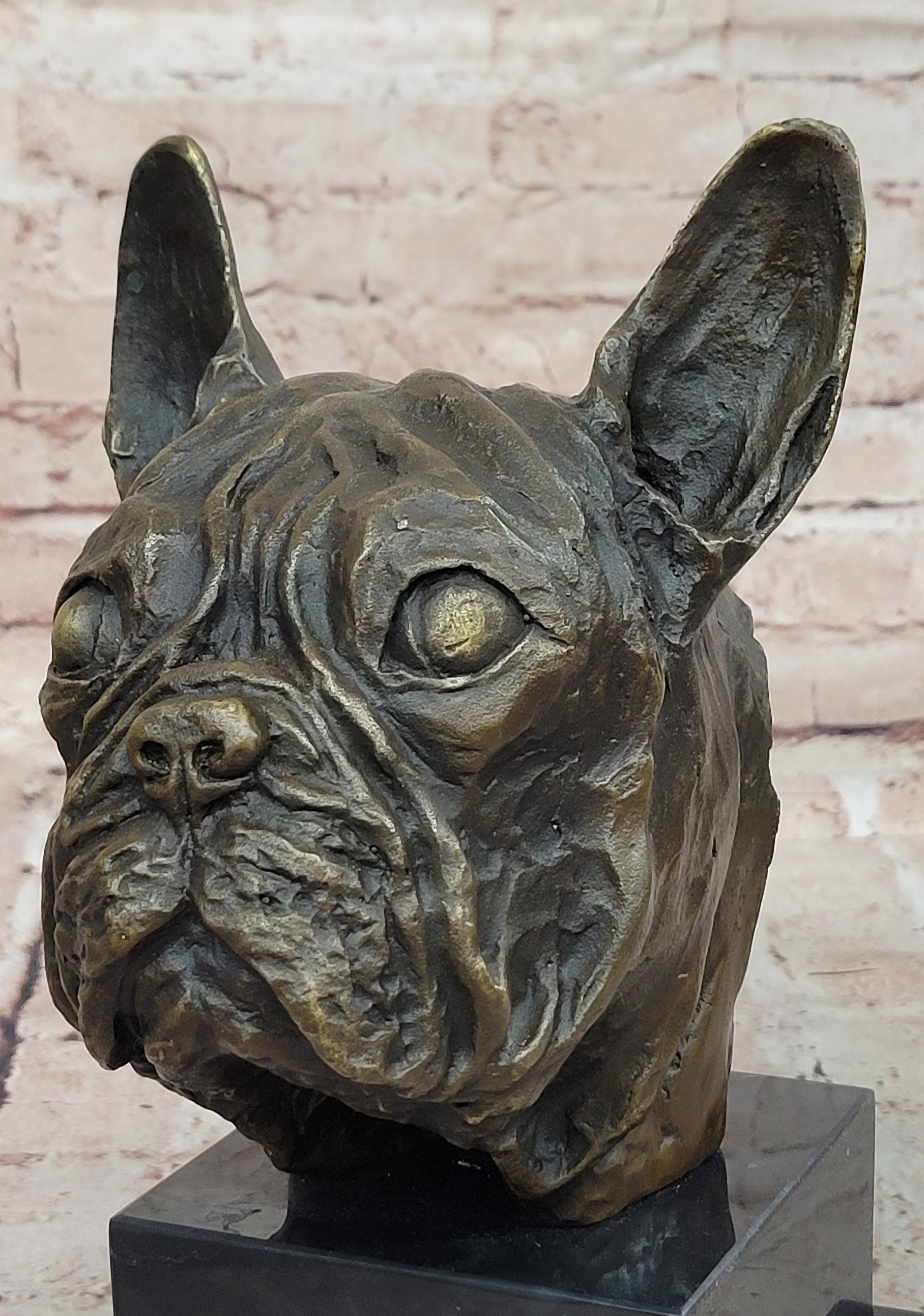 French Bulldog Puppy Bronze Bust on Marble Base