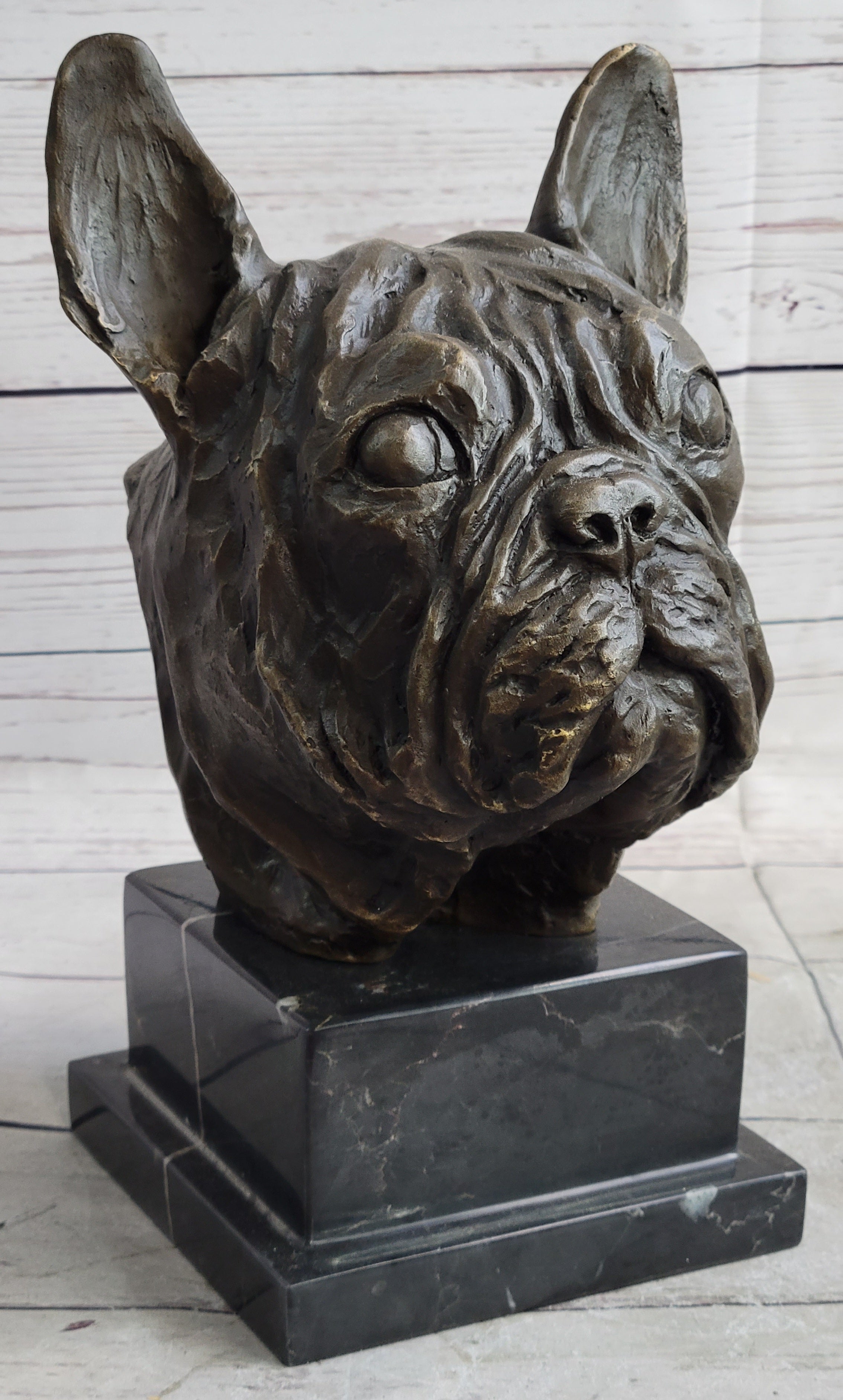 French Bulldog Puppy Bronze Bust on Marble Base
