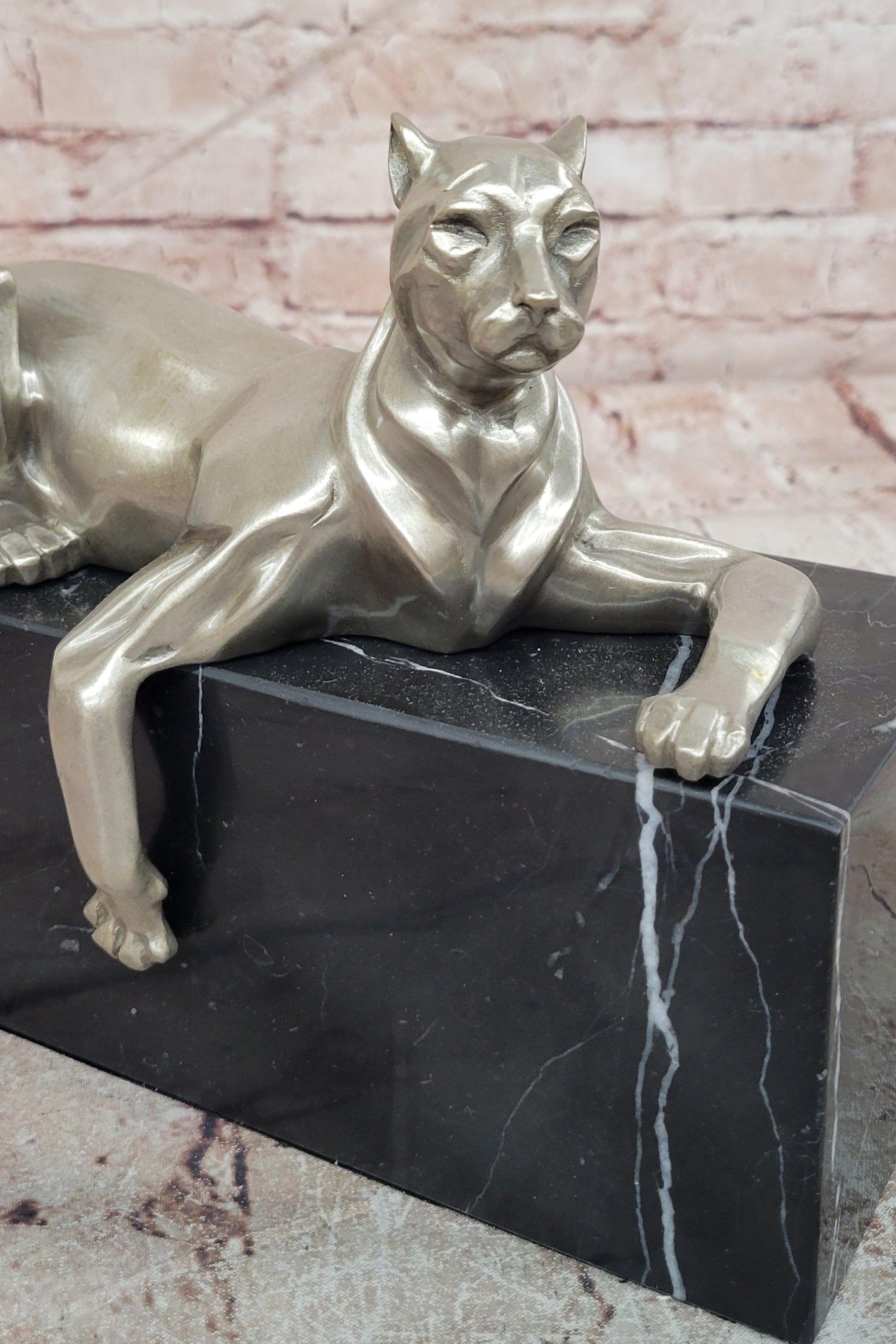 Bronze Panther Sculpture Cubist Style Cougar Statue Signed Original Juno Gift