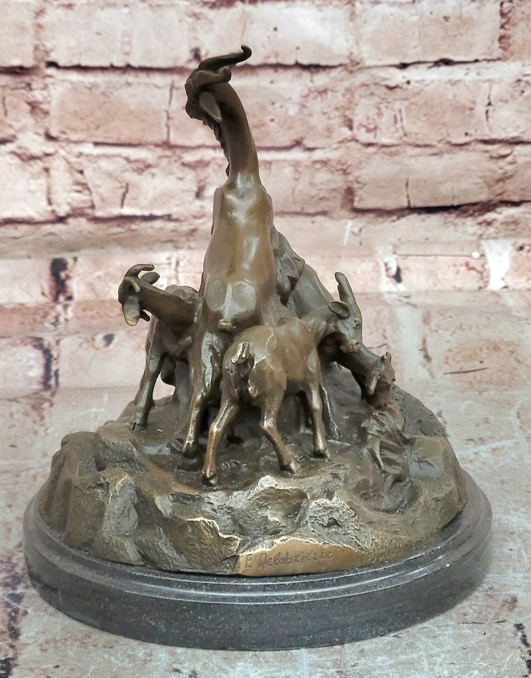 Signed E. Delabrierre Bronze Sculpture Animal Pack of Mountain Goat Figurine