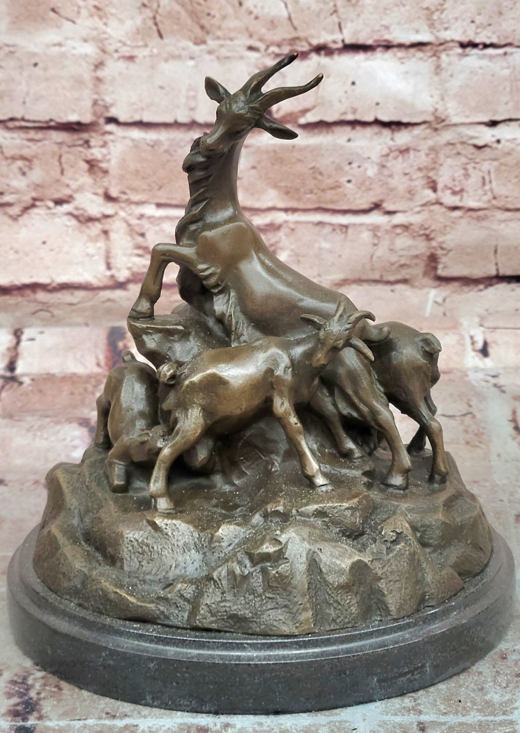 Signed E. Delabrierre Bronze Sculpture Animal Pack of Mountain Goat Figurine