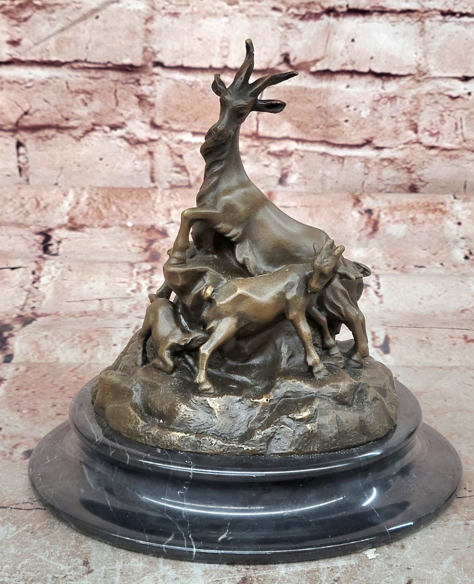 Signed Original Milo Charming Goat Family Bronze Sculpture Figurine Statue